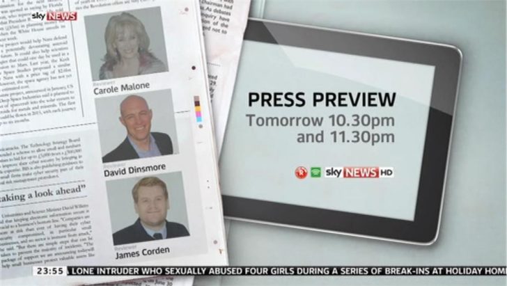 James Corden to preview the papers on Sky News Press Preview