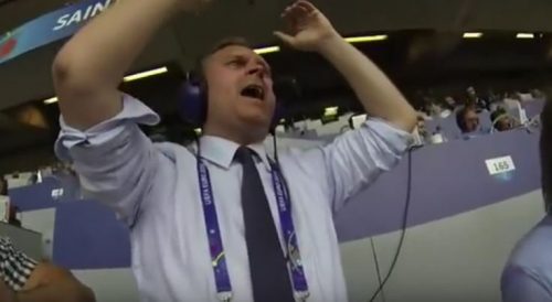 Commentator Gudmundur Benediktsson screams with joy after Iceland’s win