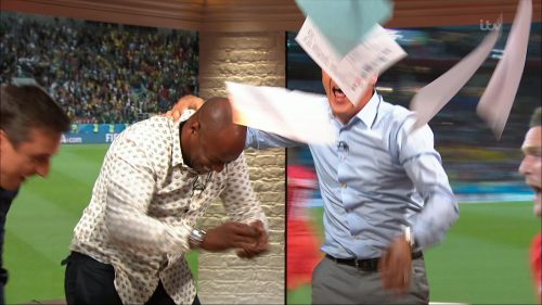 Gary Neville Ian Wright and Lee Dixon celebrate Englands win over Columbia