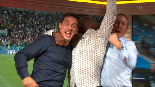 Gary Neville, Ian Wright and Lee Dixon celebrate England's win over Columbia (6)