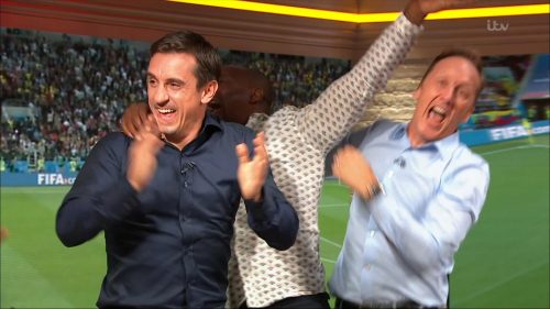 Gary Neville, Ian Wright and Lee Dixon celebrate England's win over Columbia (7)